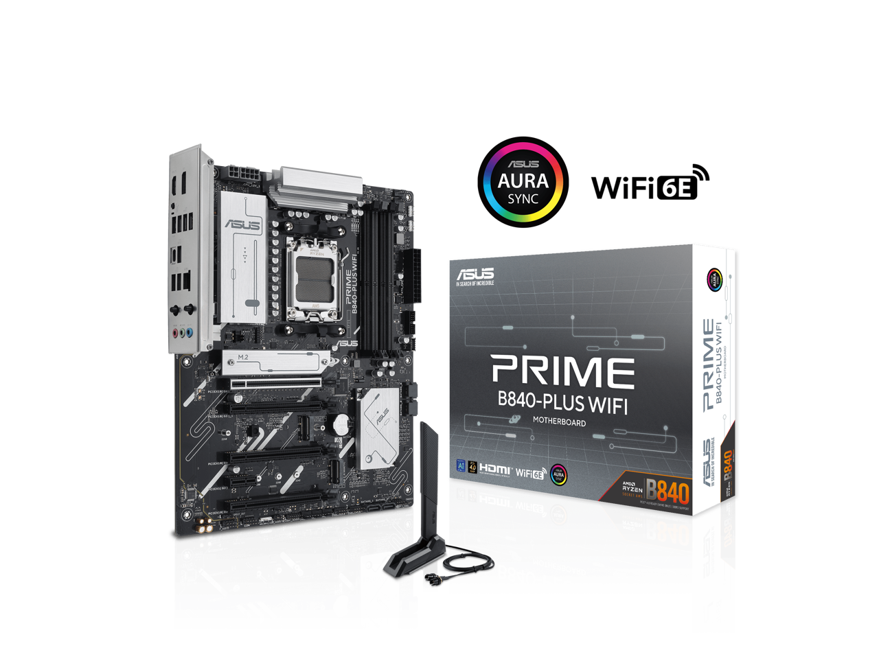 ASUS PRIME B840-PLUS WIFI AMD AM5 B840 ATX motherboard, Advanced AI Ready, DDR5, PCIe 4.0, 3x M.2, Wi-Fi 6E, 2.5Gb LAN, DisplayPort, HDMI, USB 10Gbps Type-A & Type-C, BIOS FlashBack, Aura Sync RGB