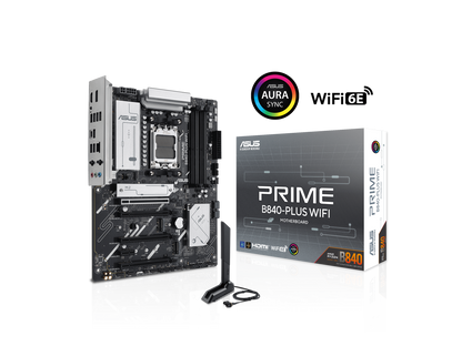 ASUS PRIME B840-PLUS WIFI AMD AM5 B840 ATX motherboard, Advanced AI Ready, DDR5, PCIe 4.0, 3x M.2, Wi-Fi 6E, 2.5Gb LAN, DisplayPort, HDMI, USB 10Gbps Type-A & Type-C, BIOS FlashBack, Aura Sync RGB