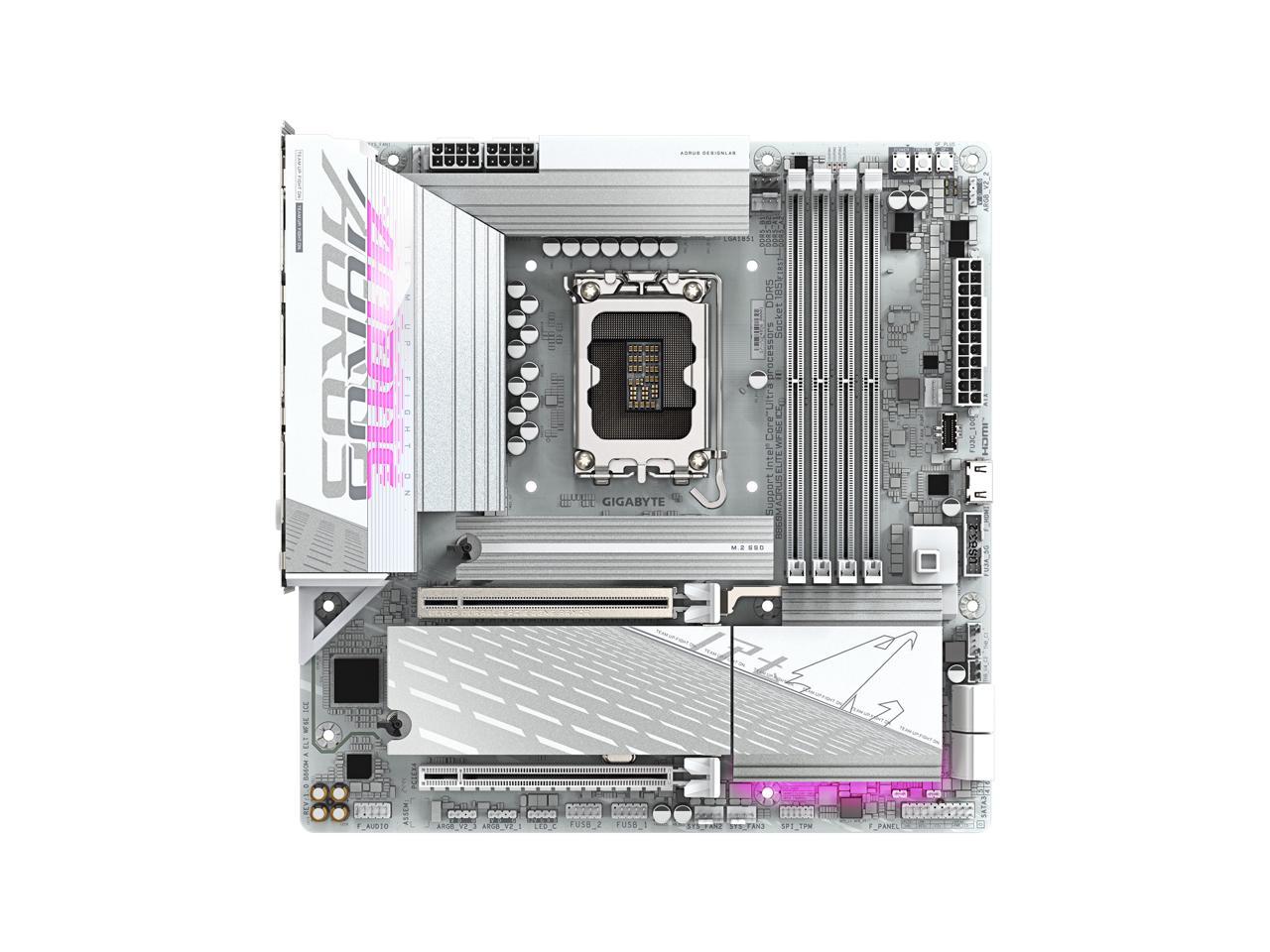 GIGABYTE B860M AORUS ELITE WIFI6E ICE Intel Core Ultra (Series 2) LGA 1851 Motherboard, mATX, DDR5, 3x M.2, PCIe 5.0, USB-C, WIFI6E, 2.5GbE LAN, EZ-Latch