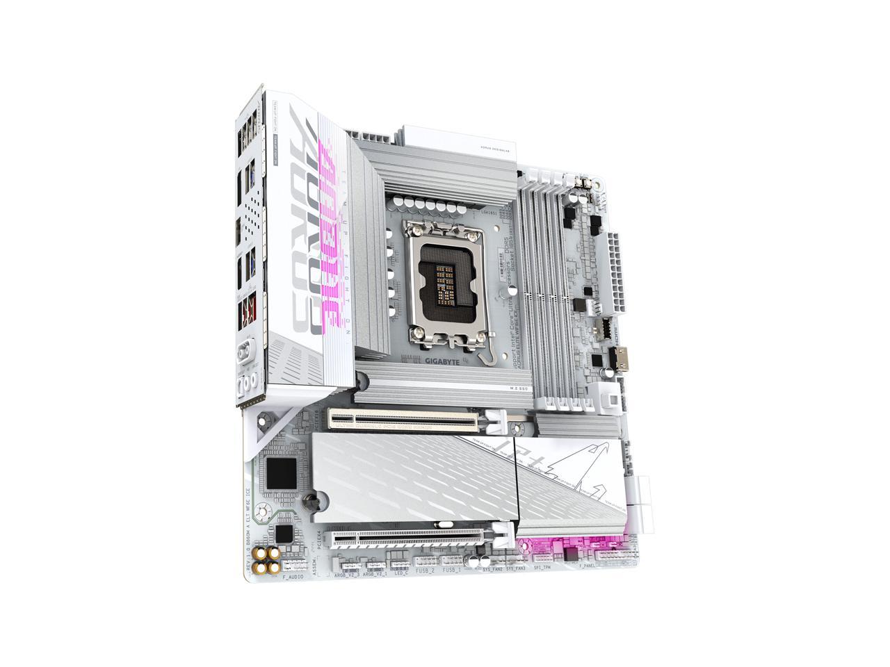 GIGABYTE B860M AORUS ELITE WIFI6E ICE Intel Core Ultra (Series 2) LGA 1851 Motherboard, mATX, DDR5, 3x M.2, PCIe 5.0, USB-C, WIFI6E, 2.5GbE LAN, EZ-Latch