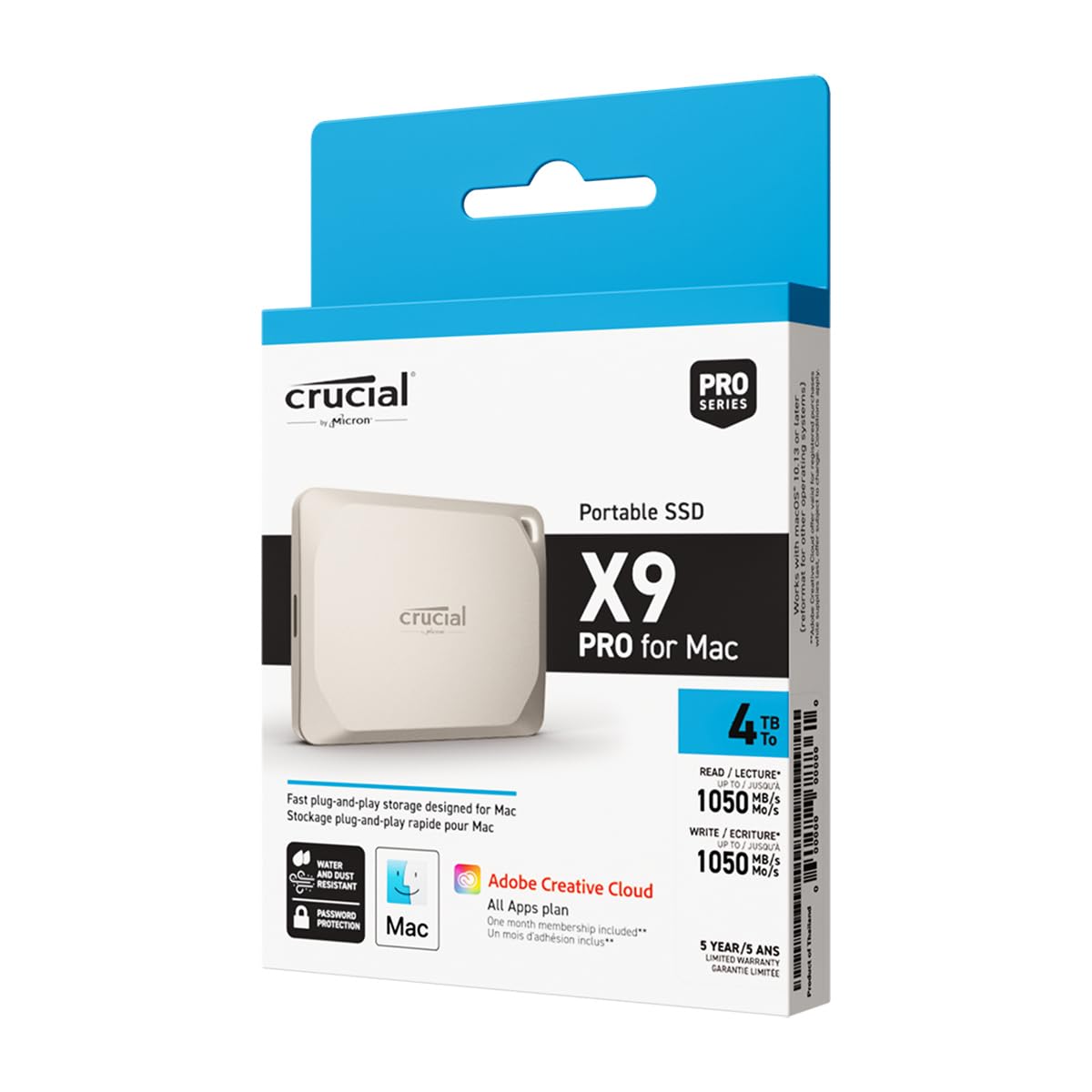 Crucial X9 Pro for Mac 2TB Portable SSD - Up to 1050MB/s Read and Write - Water