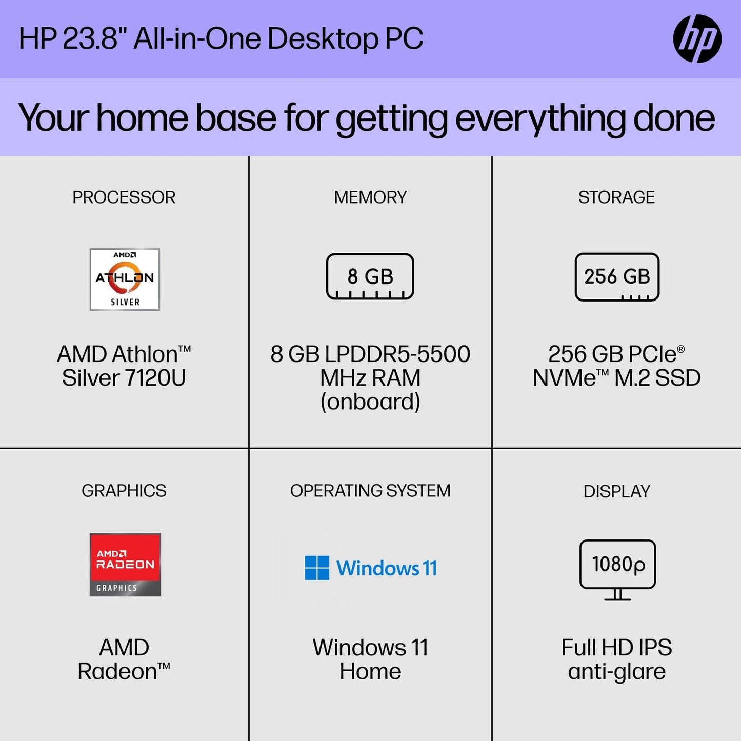 HP 23.8 inch All-in-One Desktop PC, FHD Display, AMD Athlon Silver 7120U, 8 GB