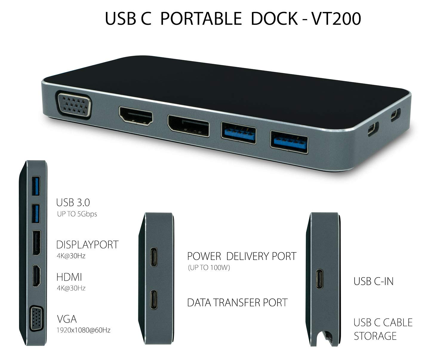 VisionTek USB C Portable Dock - for Notebook/Desktop PC - 100 W - USB Type C - 5