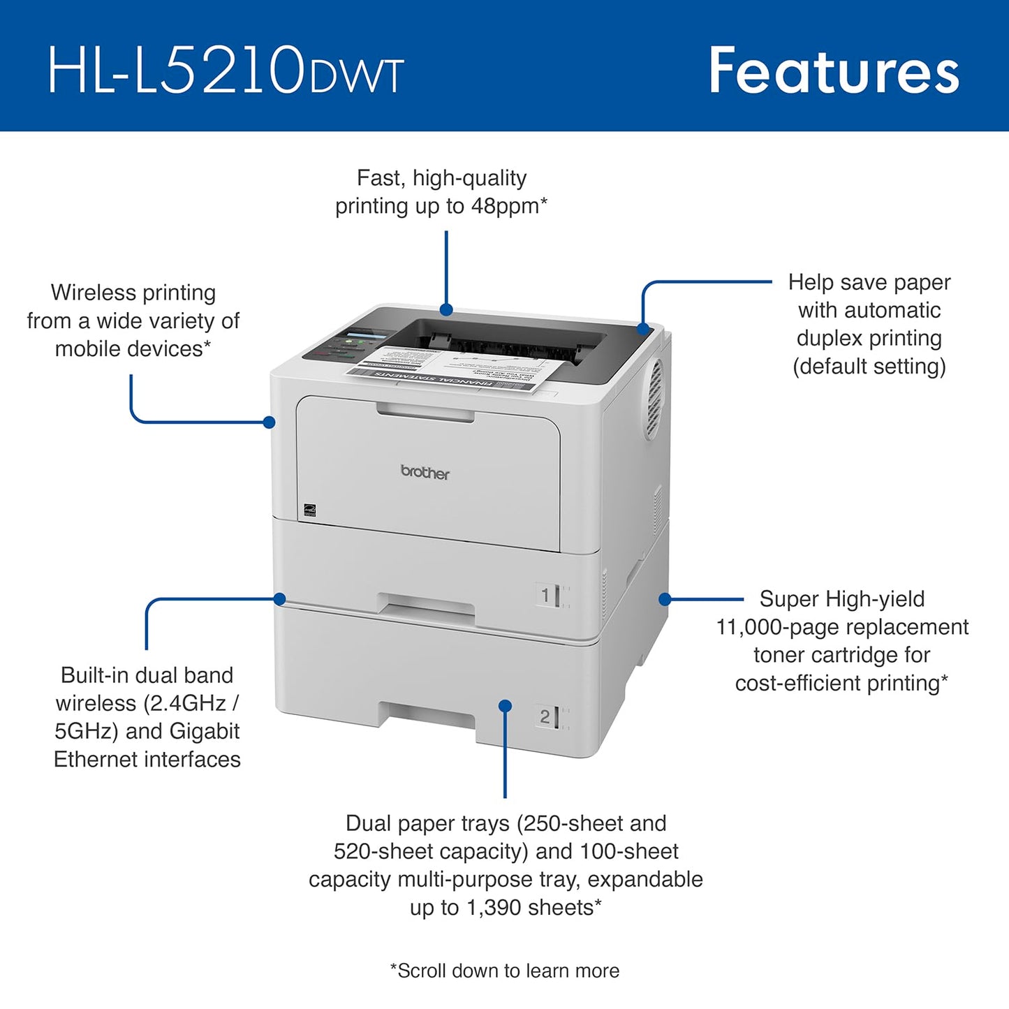 Brother HL HL-L5210DW Desktop Wireless Laser Printer - Monochrome - 48 ppm Mono