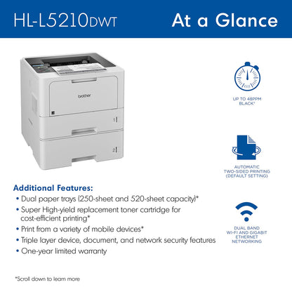 Brother HL HL-L5210DW Desktop Wireless Laser Printer - Monochrome - 48 ppm Mono