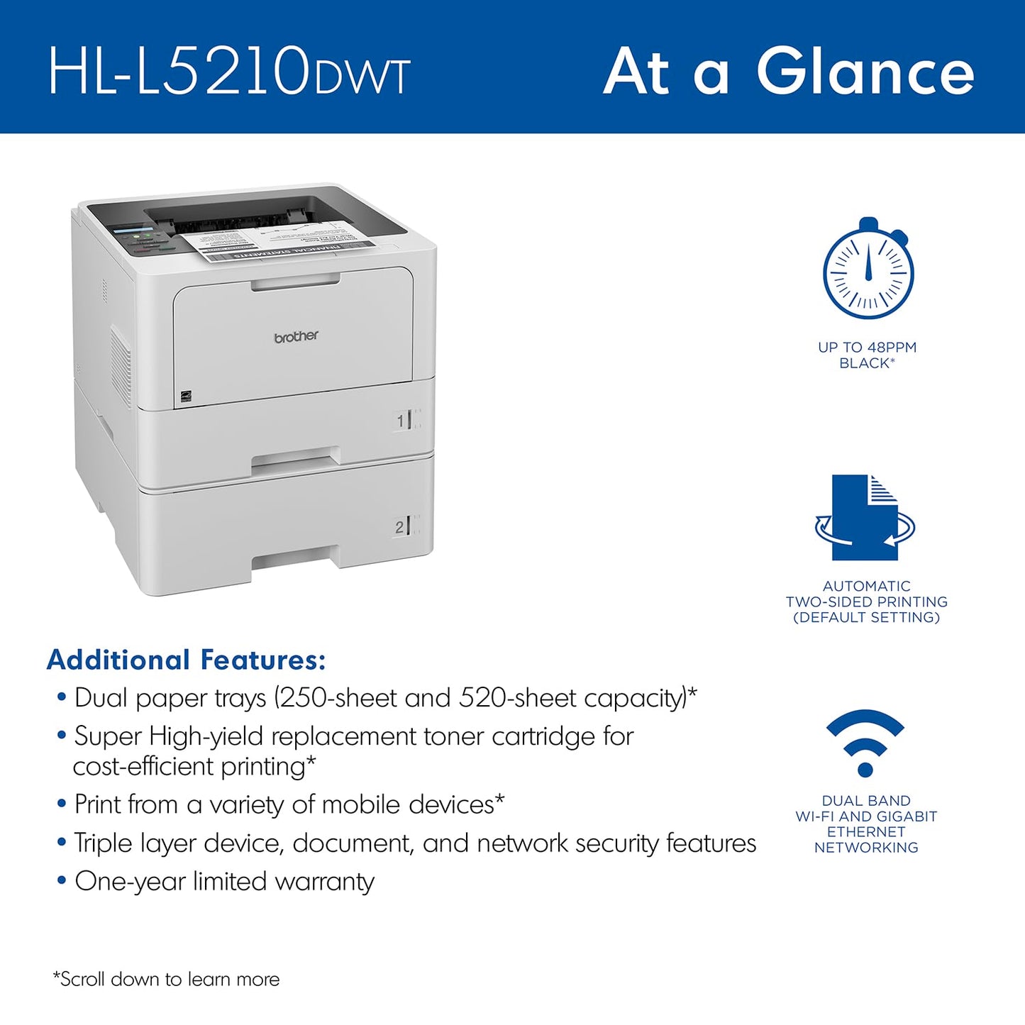 Brother HL HL-L5210DW Desktop Wireless Laser Printer - Monochrome - 48 ppm Mono