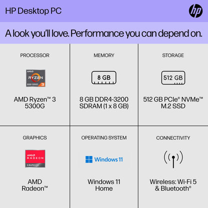 HP Desktop PC, AMD Ryzen 3 5300G, 8 GB SDRAM, 512 GB SSD, AMD Radeon Graphics,