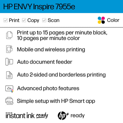 HP Envy Inspire 7955e Wireless Color All-in-One Printer with Bonus 3 Months