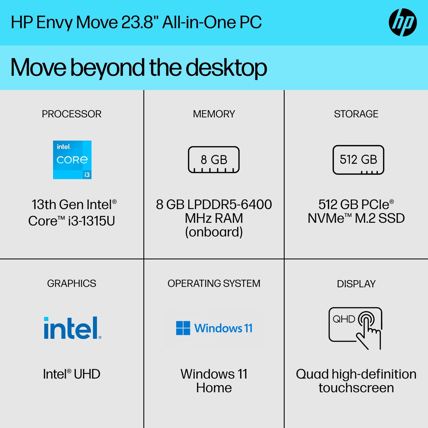 HP Envy Move 23.8" inch All-in-One Desktop Touch QHD 2560x1440 300 Nit Display