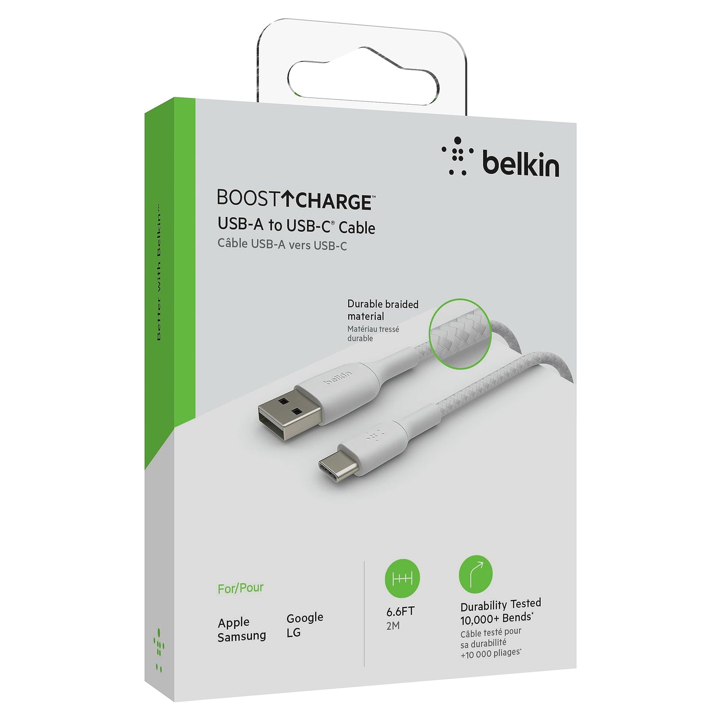 Belkin Braided USB-C to USB-A Cable (2m / 6.6ft, White) CAB002BT2MWH