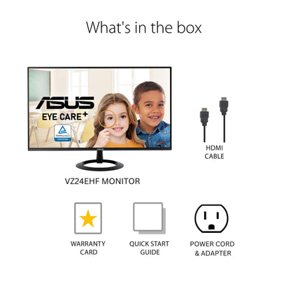 ASUS 24" (23.8-inch Viewable) Eye Care Monitor (VZ24EHF) - IPS, Full HD (1920 x 1080), Frameless, 100Hz, Adaptive-Sync, 1ms, HDMI, Low Blue Light, Flicker Free, Ultra-Slim Profile