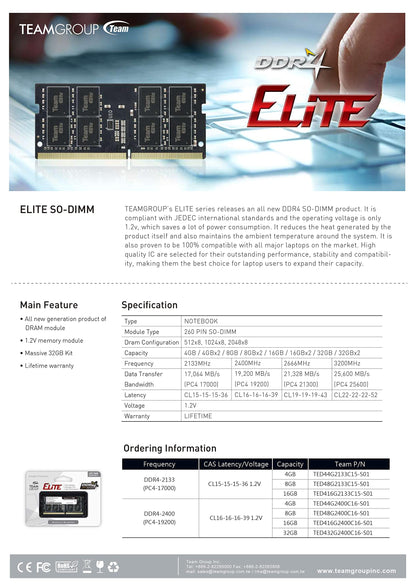 Team Elite 32GB 260-Pin DDR4 SO-DIMM DDR4 3200 (PC4 25600) Laptop Memory Model