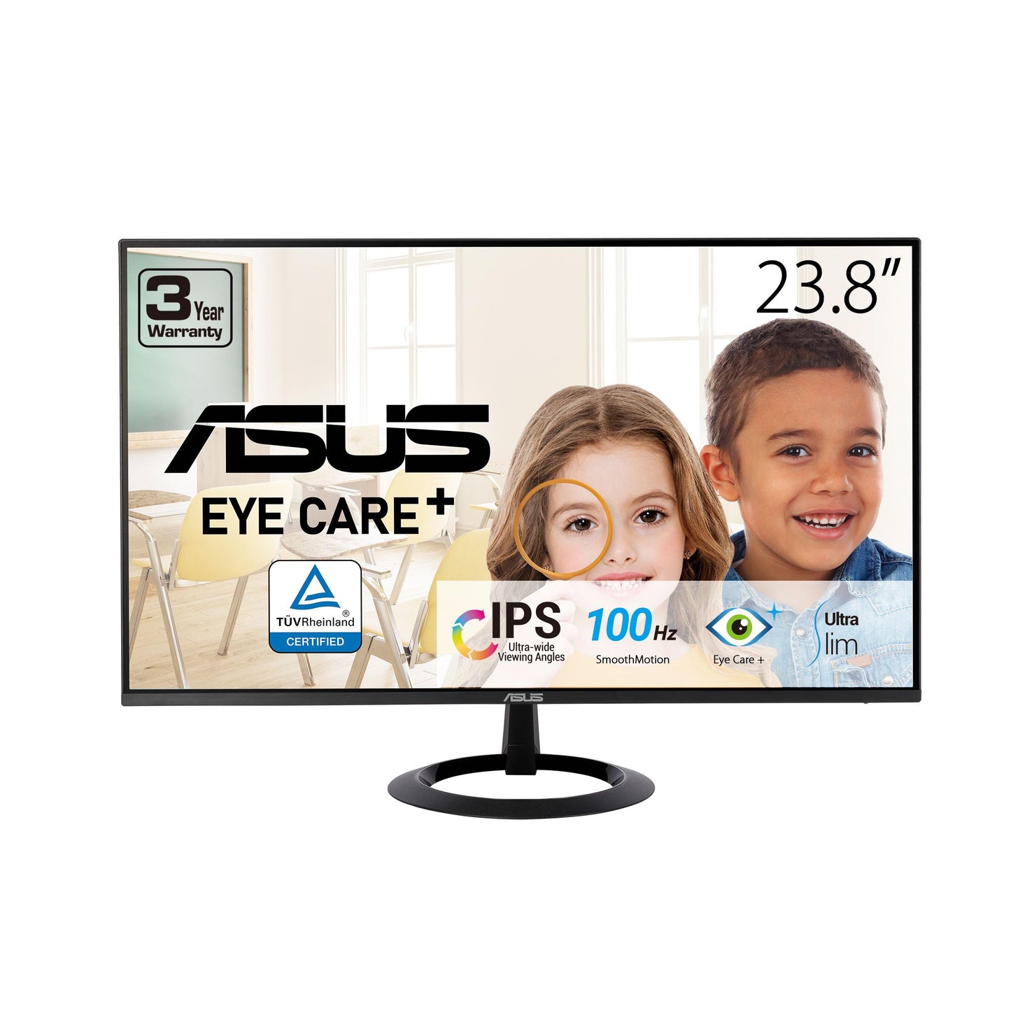 ASUS 24" (23.8-inch Viewable) Eye Care Monitor (VZ24EHF) - IPS, Full HD (1920 x 1080), Frameless, 100Hz, Adaptive-Sync, 1ms, HDMI, Low Blue Light, Flicker Free, Ultra-Slim Profile