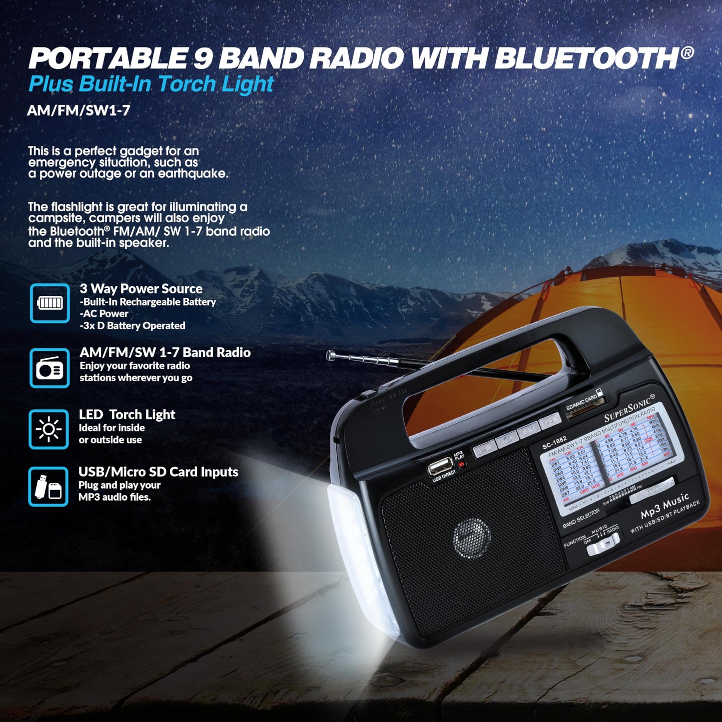 Supersonic SC-1082 9-Band AM/FM/SW 1-7 Portable Radio